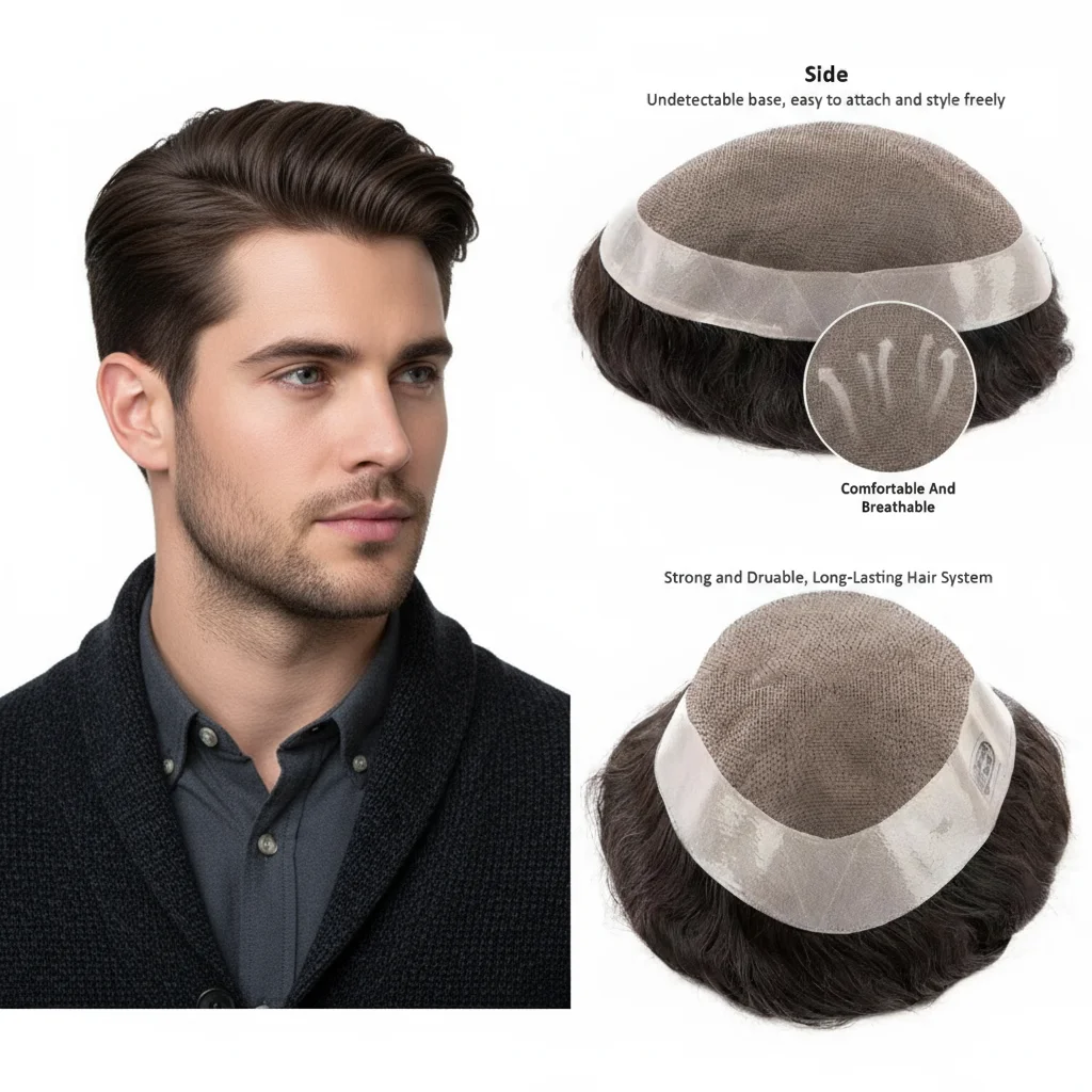 

Men Toupee D7-3 100% Human Hair Mono Base Lace+PU Multi Directional Parting Small Imperfections Men Replacement