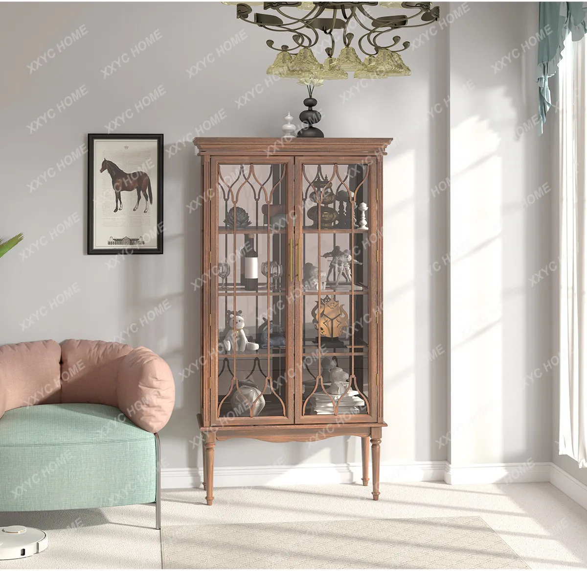 Light luxury solid wood wine cabinet with glass door against the wall, living room vertical cabinet storage display cabinet