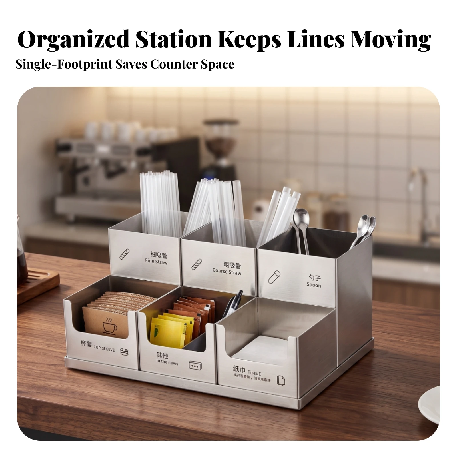 Cup and Lid Holder Upright Stainless Steel Organizer with Compartments Straw and Spoon Container Practical for Cafes