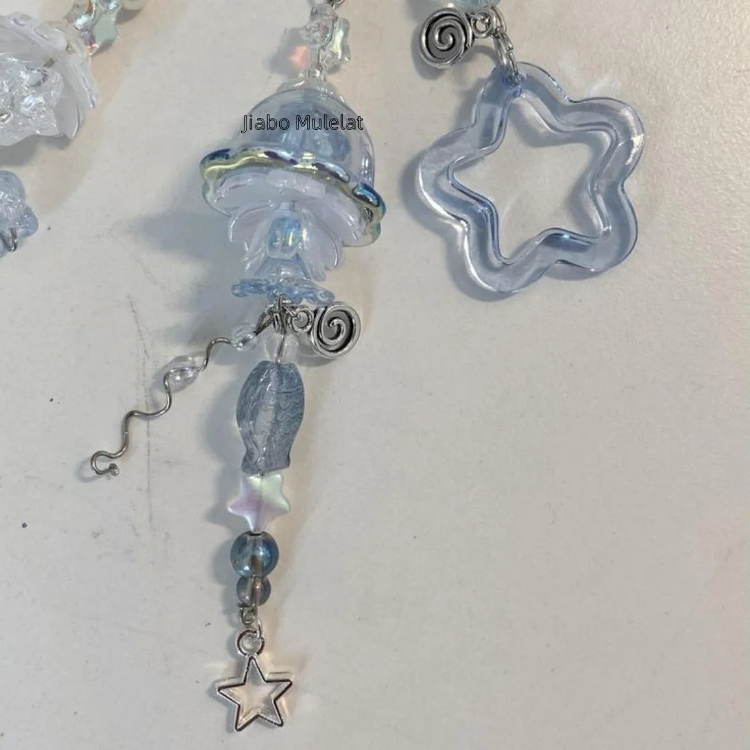 Y2k handmade white bow dot light blue jellyfish keychain
