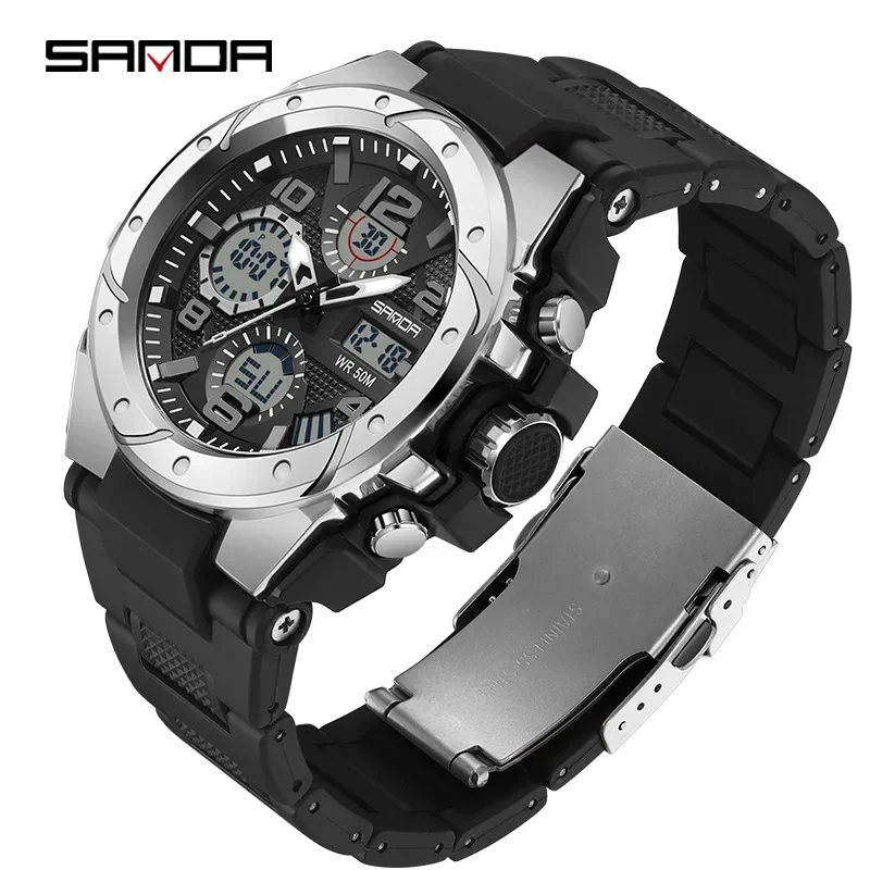 Sanda 9009 modelo de venda superior masculino resistente à água esportes ao ar livre modo alarme moda analógico relógio de pulso digital