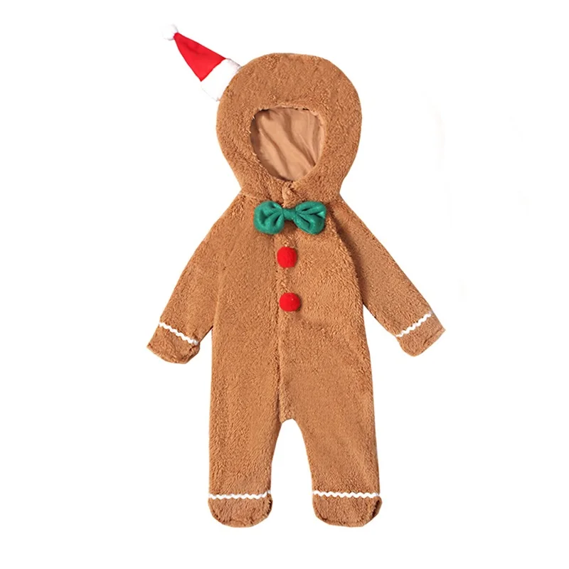 Baby Girls Christmas Footed Jumpsuit Long Sleeve Hooded Gingerbread Man Romper