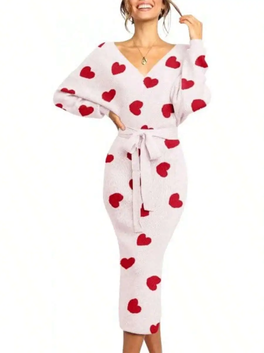 

Womens Heart Print Wrap Batwing Sleeve Bodycon Sweater Dress With Belt