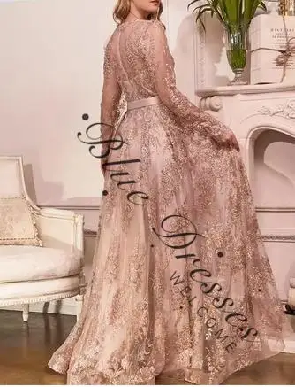Abito a maniche lunghe personalizzato 2025 Abiti da sera sexy con scollo a V profondo Elegante applique A-Line Abiti lunghi fino al pavimento Abiti da sposa