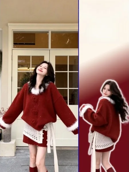 

plus Size Women's Lazy Sle 3D Flower Knitted Sweater High Waist Skirt Set Warm Loose Fit Autumn Winter Faion Ensemble