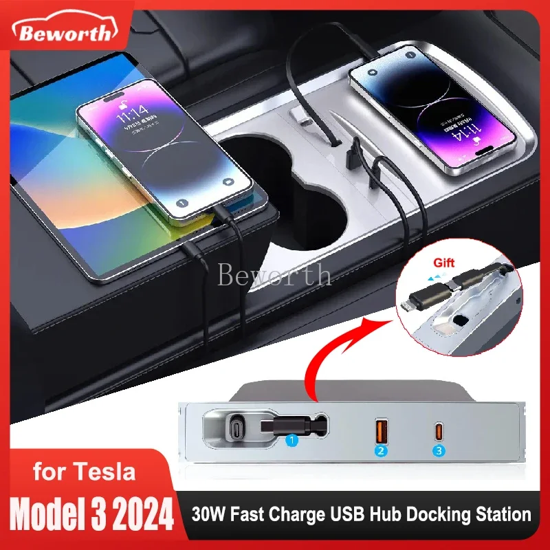 Per Tesla Model 3 + Highland 2024 caricatore rapido 30W Hub USB PD Type-C Hub Docking Station Extension Center Console Smart Sensor