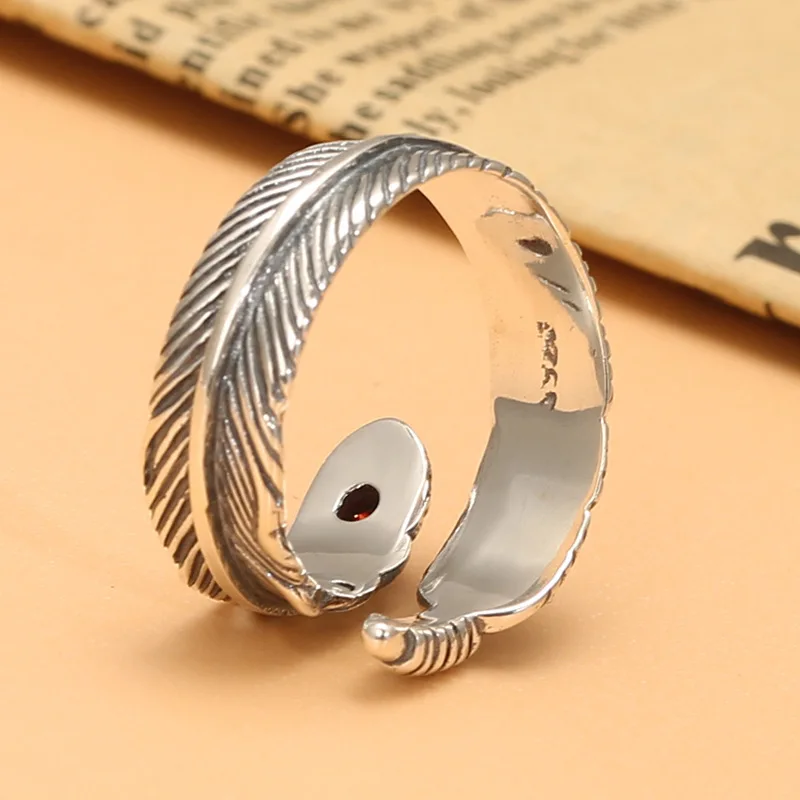 925 sterling silver wings inlaid zircon Eagle Feather ring vintage trendy men and women index finger ring