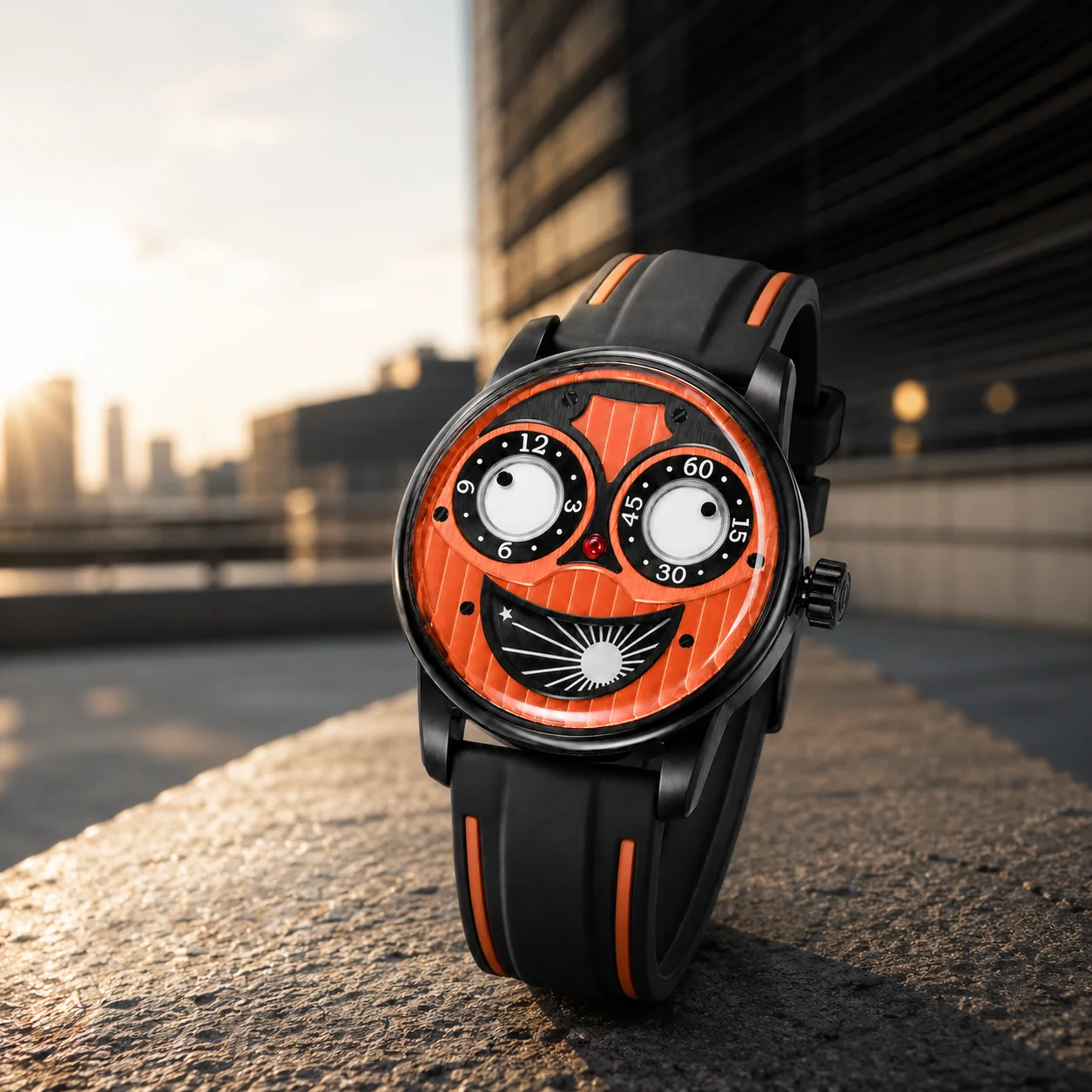 OBLVLO Fashion Joker Face Watch with Black Leather Strap Orange Dial Unique Dual Time Display Star Designer Accessory JM-JK