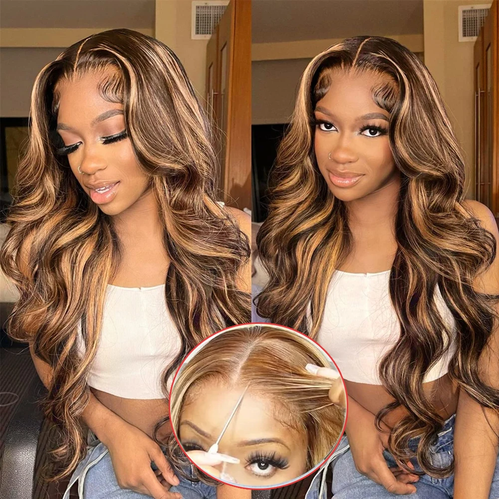 

Highlight Glueless Wig Human Hair Body Wave Lace Front Wig 4x6 Wear to Go Pre Cut Body Wave Human Hair P4/27 Lace Closure Wigs