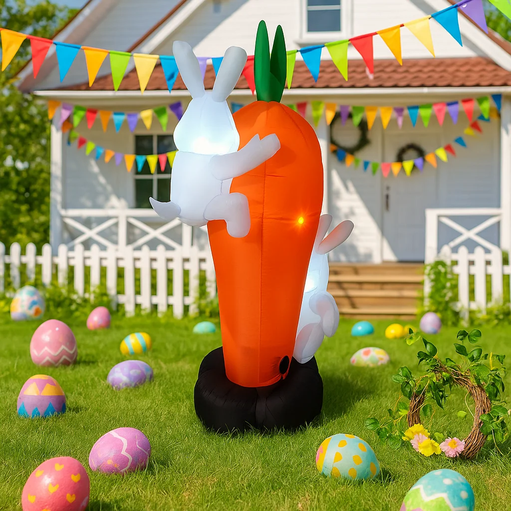 ของตกแต่งอีสเตอร์เป่าลมรูปกระต่ายถือแครอทขนาดใหญ่ 6 ฟุต พร้อมไฟ LED สำหรับงานปาร์ตี้