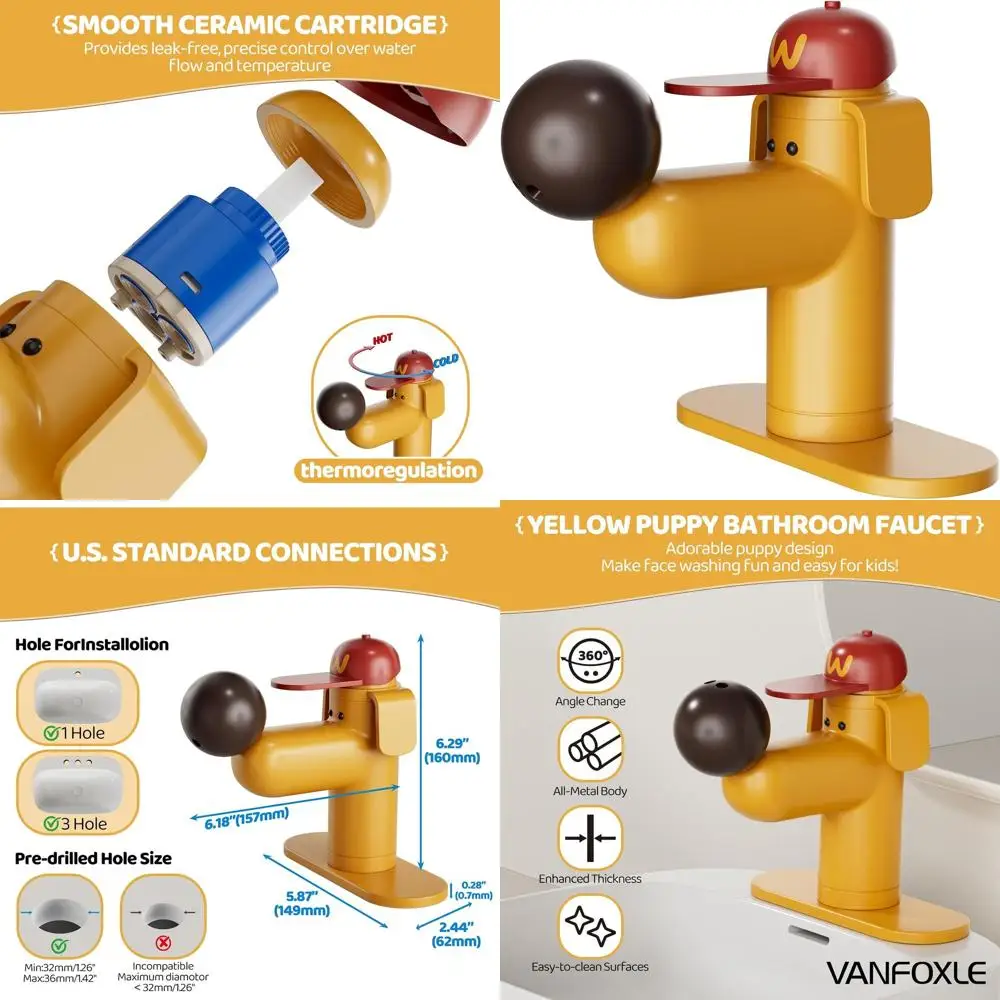 

Flexible Hose Single Hole Faucet for Bathroom, RV, and Kids Room - Yellow, Suitable for 1 or 3 Hole Installations
