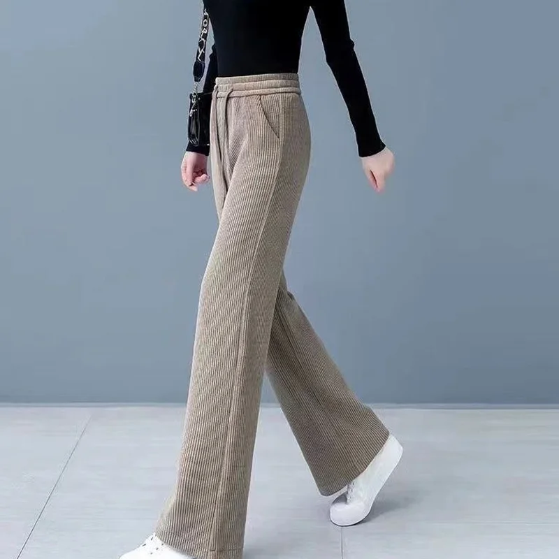 Women\'s Clothing 2023 New Spring Autumn Thin Loose Solid Color Lacing Drawstring Elastic Waist Pocket Straight Wide Leg Pants