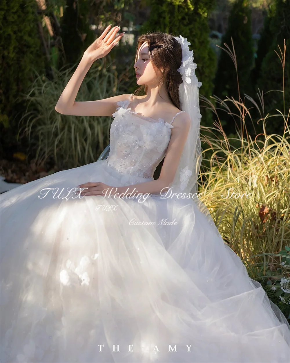 TULX หรูหรา Sparkly ลูกไม้ดอกไม้งานแต่งงานถ่ายภาพชุดสายคล้องคอเกาหลีชุดเจ้าสาวความยาวชั้น ที่กําหนดเอง