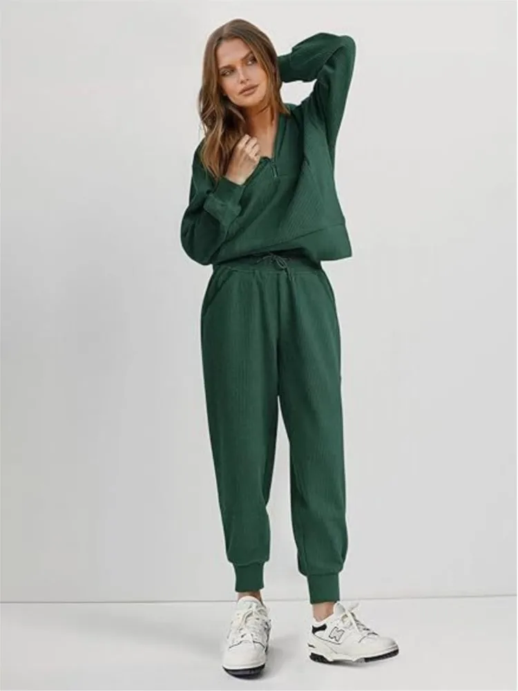 

Lapel Half Zipper Pullovers Top + Drawstring Woman Tracksuit Pocket Jogging Pants Casual Sweatshirt Sporty Two Piece Set Autumn