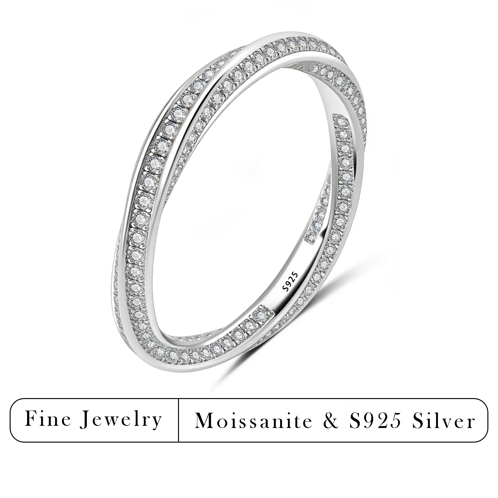 

Серебряное кольцо Мёбиуса S925 с муассанитами в технике паве, общим весом 0,65 карата — символ бесконечной любви, изысканное ювелирное украшение, романтический подарок для женщин