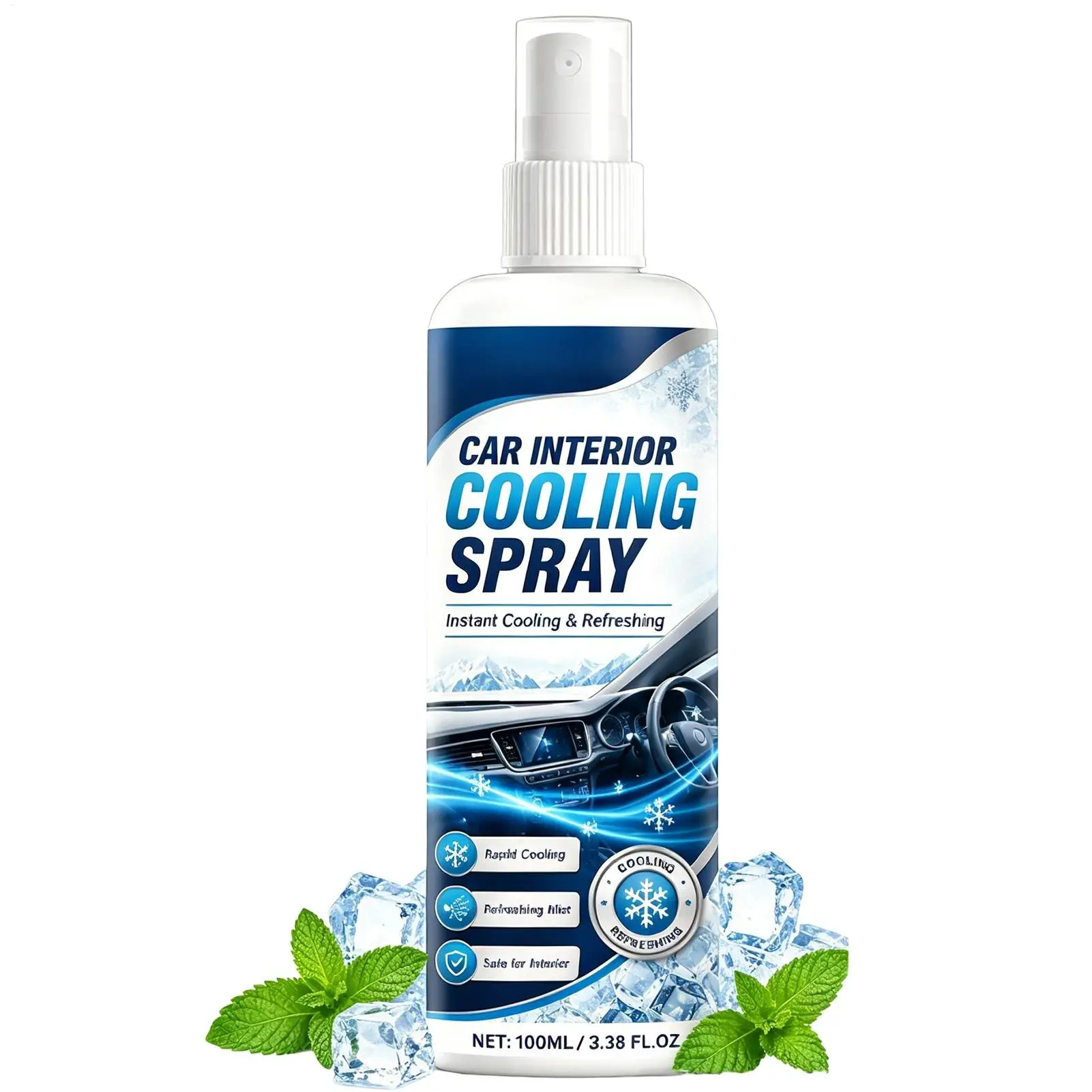 100ml Car Interior Cooling Spray Fast-Acting Freeze Spray Cools Leather Seats Dashboard Steering Wheel, Odor Eliminator