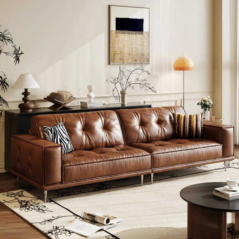 أريكة جلدية فرنسية كلاسيكية من كتلة التوفو والشمع الزيتي في القرون الوسطى، شقة صغيرة لغرفة المعيشة، صف مستقيم، أريكة عالية القدم #1