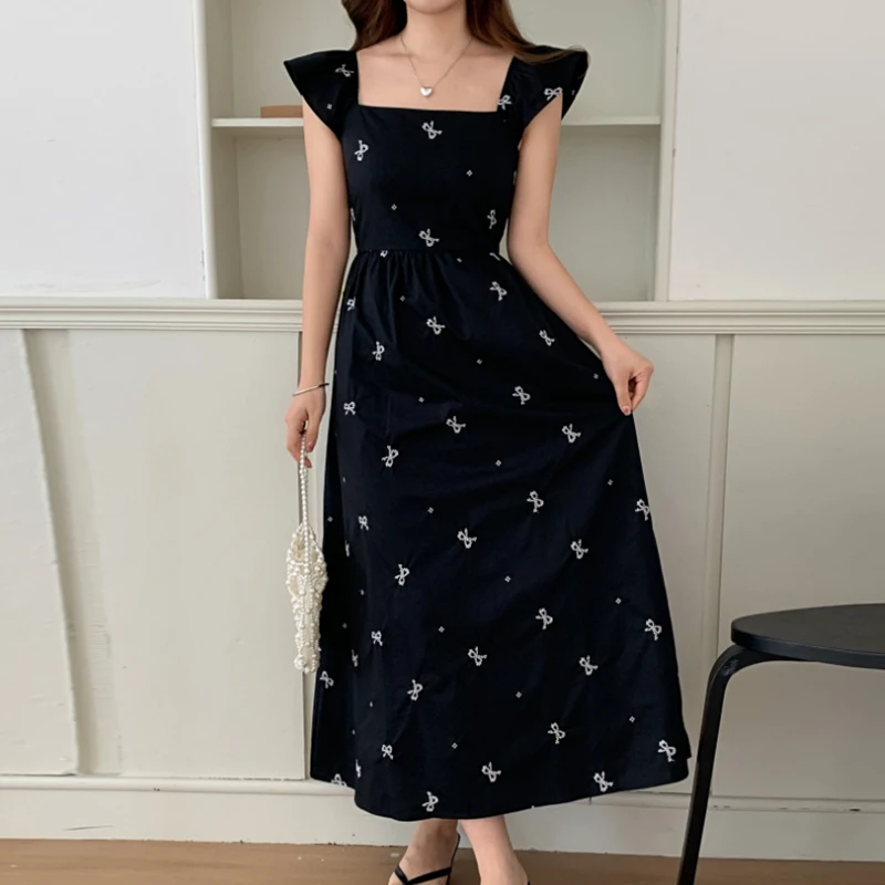 Koreaanse Sle zomer lange Dr geborduurde taille cinching strik hoge taille volant Sve vierkante kraag chique vintage...