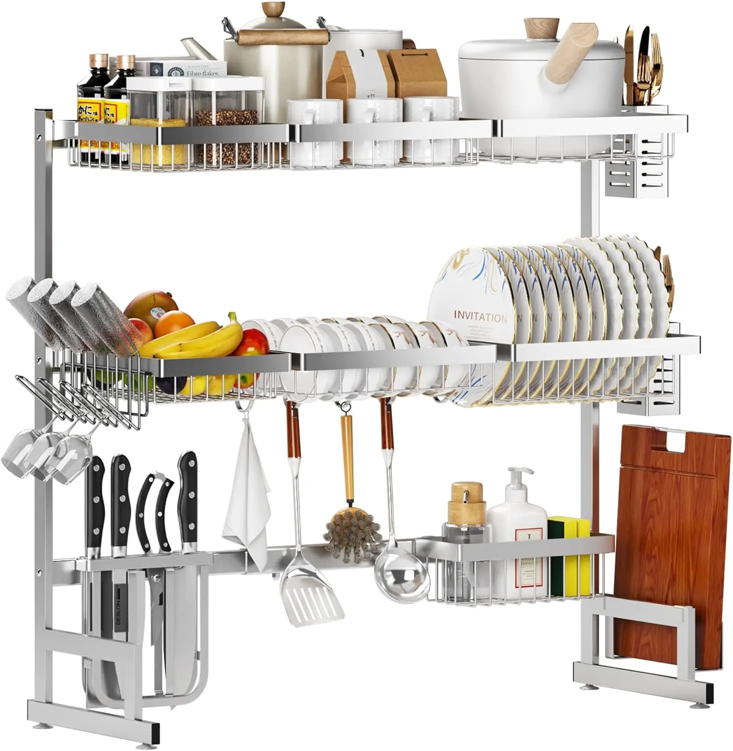 

Over Sink Dish Drying Rack Stainless Steel, Adjustable Large Dish Drainer for Storage Kitchen Organization Silver 3 Tier