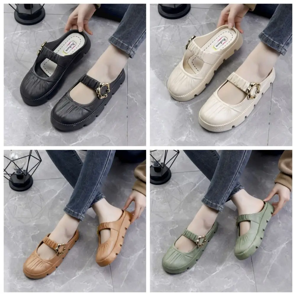 

Elegant Anti Slip Flat Slippers Women Sweet Round Toe Slides Sandals Soft Soled Shoes PU Leather Slippers Streetwear