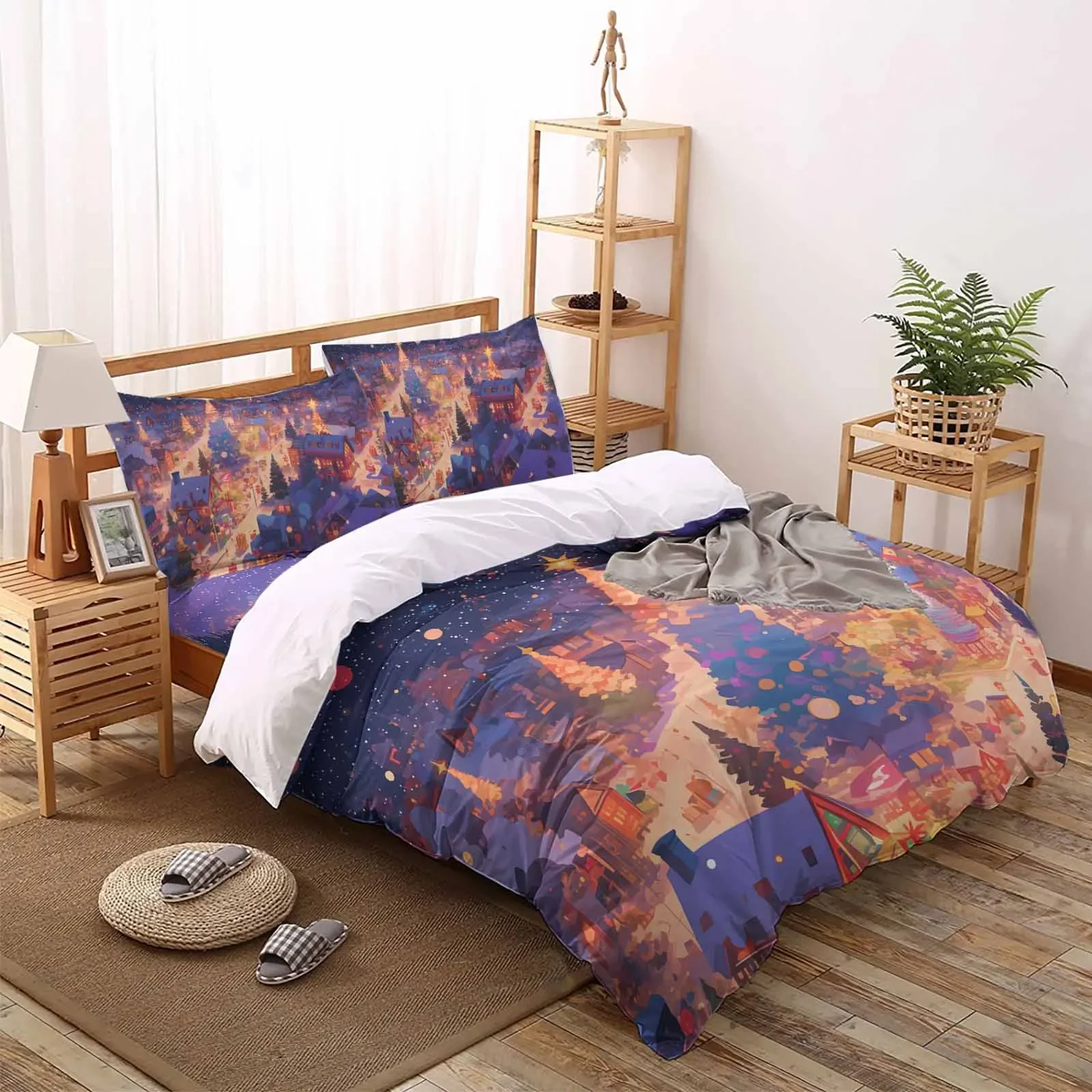 Christmas Tree Street View The 4-piece textile set on the bed includes two pillowcases one duvet one bedsheet customization