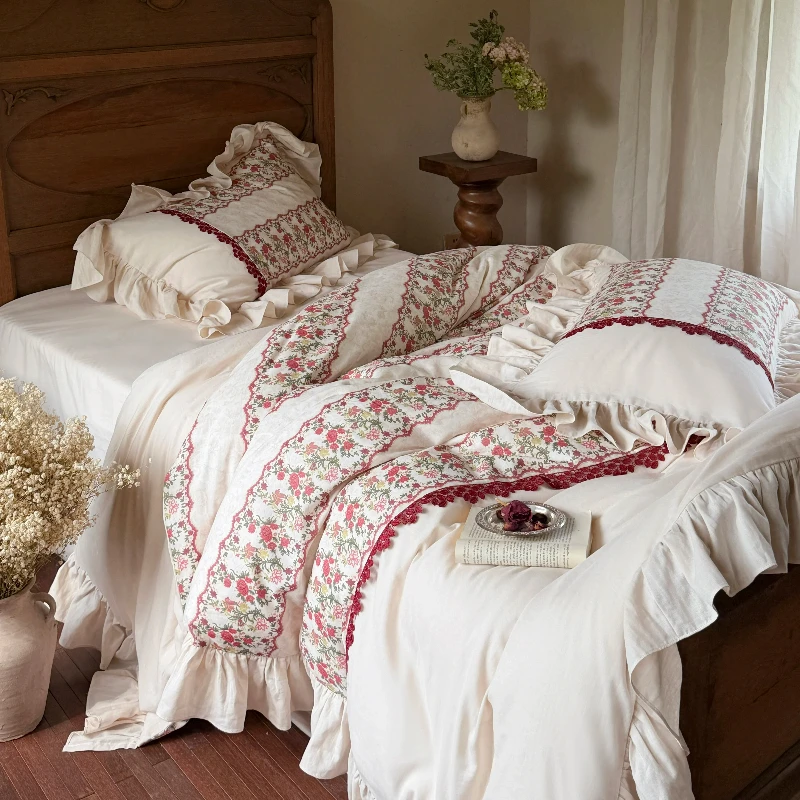 French Style Girls' Bedroom Full Cotton Double-layer Yarn Four Piece Set Rose Printed Duvet Cover Pure Cotton Lace Bedding