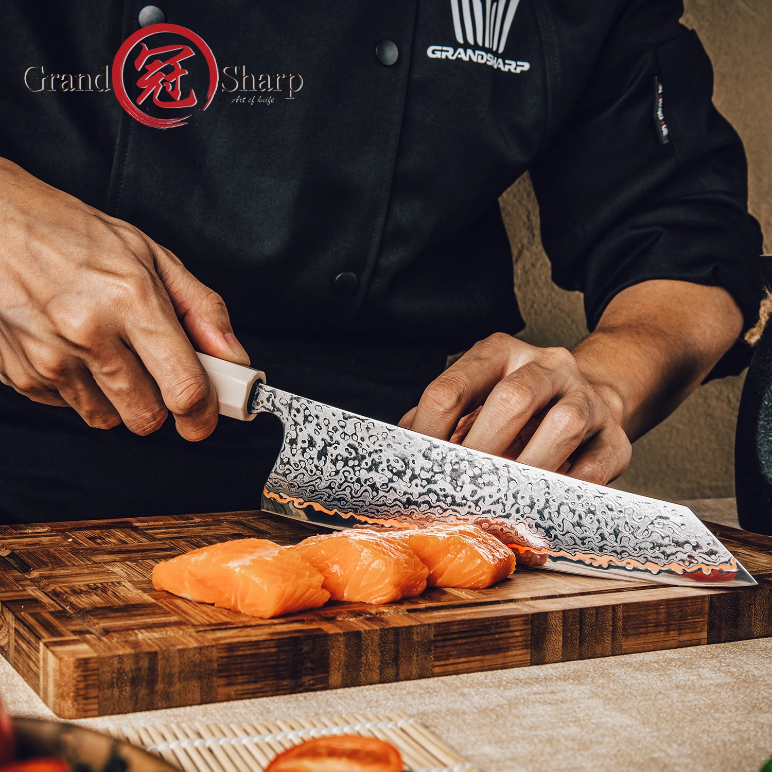 Grandsharp Kiritsuke Knife 8 Inch 55 Layers Copper Damascus Steel 10Cr15CoMoV Core with Original Octagonal Handle Chef's Knife