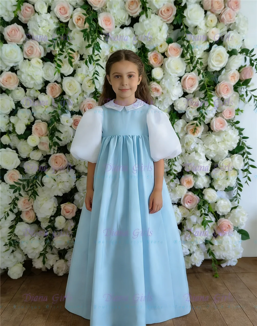 

Quality Lovely Flower Girl Dress Blue Satin Fluffy with Exquisite Pleated Design for Kids Birthday Party Evening Ball Gowns