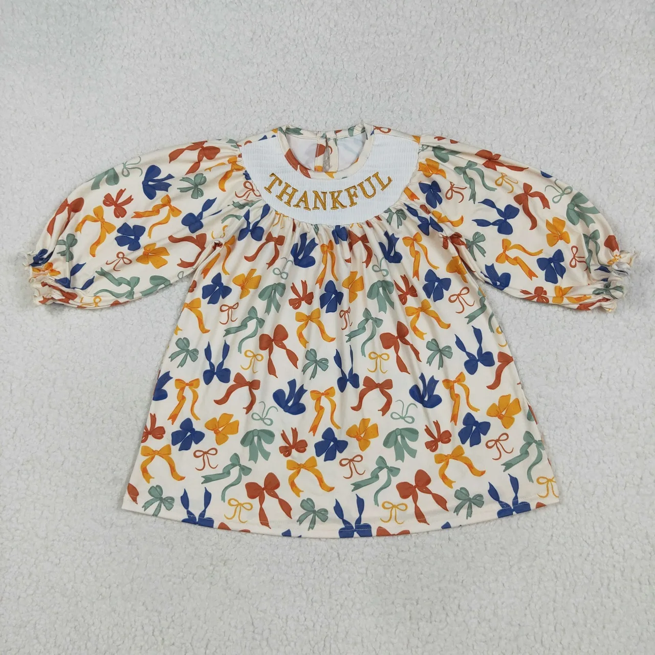Wholesale Infant Toddler Thanksgiving Baby Girl Bows Fall Long Sleeves Embroidery Thankful Dress Kids Children Smocked Clothes