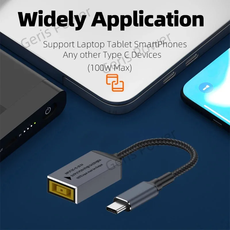 Cavo di ricarica rapido USB C PD da 100 W Spina quadrata CC a convertitore connettore adattatore di alimentazione di tipo C per cavo di ricarica per laptop Lenovo