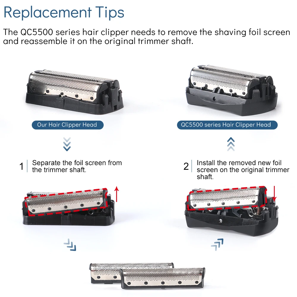 شفرات قطع رأس ماكينة الحلاقة وشبكة شاشة الرقائق المعدنية لاستبدال جزء التشذيب فيليبس QC5550 QC5580 QC5570 QC5510 QS6140 QS6160
