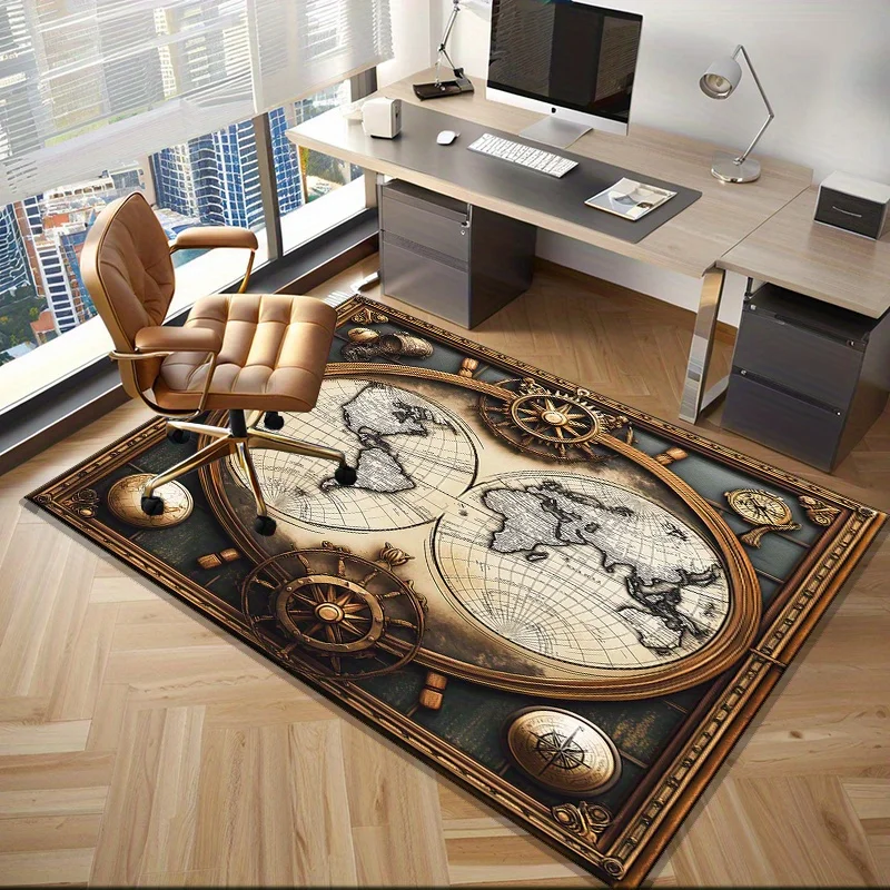Vintage World Map Rug for Stylish Interiors | Nautical Compass Design Travel-Themed Floor Mats for Living Areas Machine washable