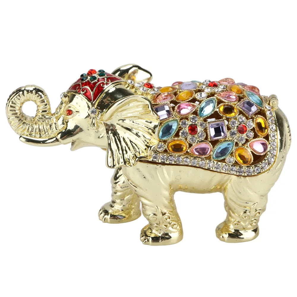 Rhinestone Studded Elephant Jewelry Box Animal Shape Alloy Animal Figurine Box Enamel Coating Rhinestone Trinket Holder