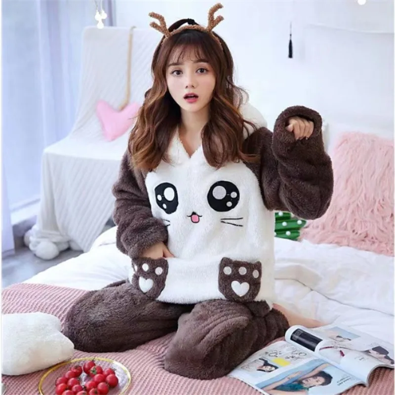 2024 New Coral Fleece Warm Women Pajamas Thickening Hooded Long Sleeve Women 2 Piece Outfit Set Cute Printing Women Home Clothes