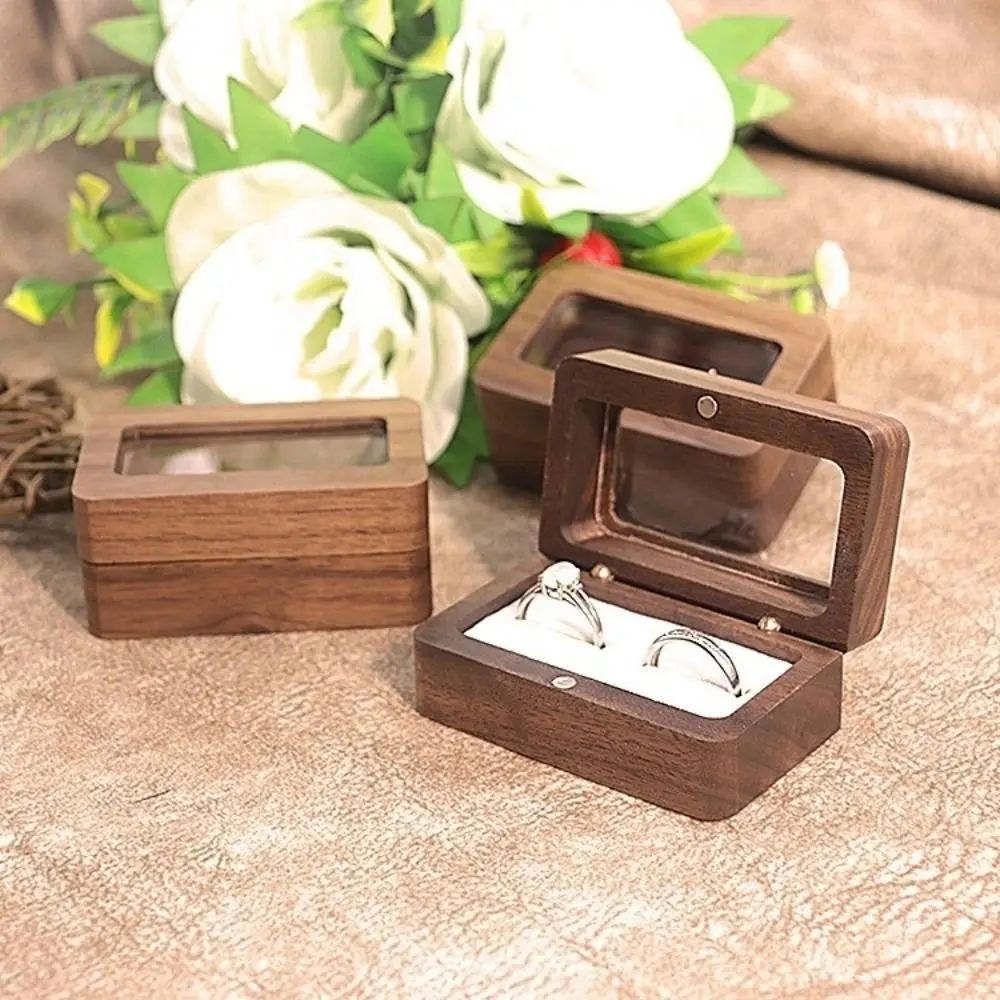 Double Slot Wooden Ring Box Opening Window Dustproof Black Walnut Cufflinks Box Exquisite Rectangular Jewelry Ring Holder