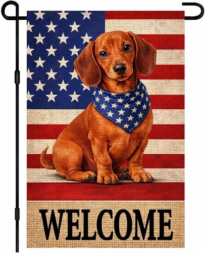 Patriotic Dachshund Puppy Welcome American Flag Garden Flag Burlap, 12x18 XXQ