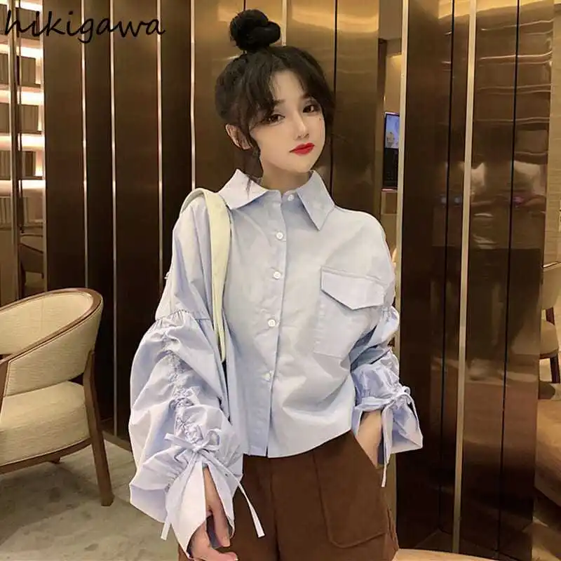 White Blouse Women Fashion Sweet Peter Pan Collar Long Sleeve Crop Tops 2023 Blusas Mujer De Moda Off Shouder Drawstring Shirts