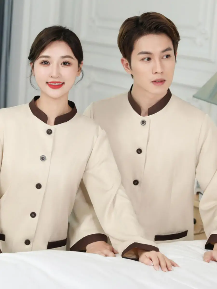 

Комплект униформы для горничных отеля с длинным рукавом из хлопка, осенний, для женщин, для уборки, рабочая одежда для персонала, устойчивая к пятнам