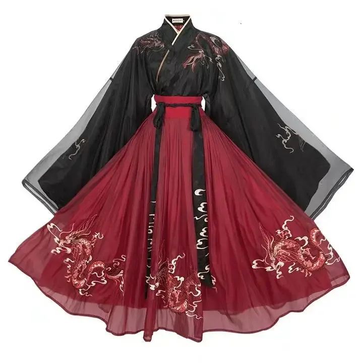 

Chinese silk robe ancient women hanfu black red Hanfu aldult Kimono Traditional Vintage Ethnic Ru Skirt cosplay Dance Costume
