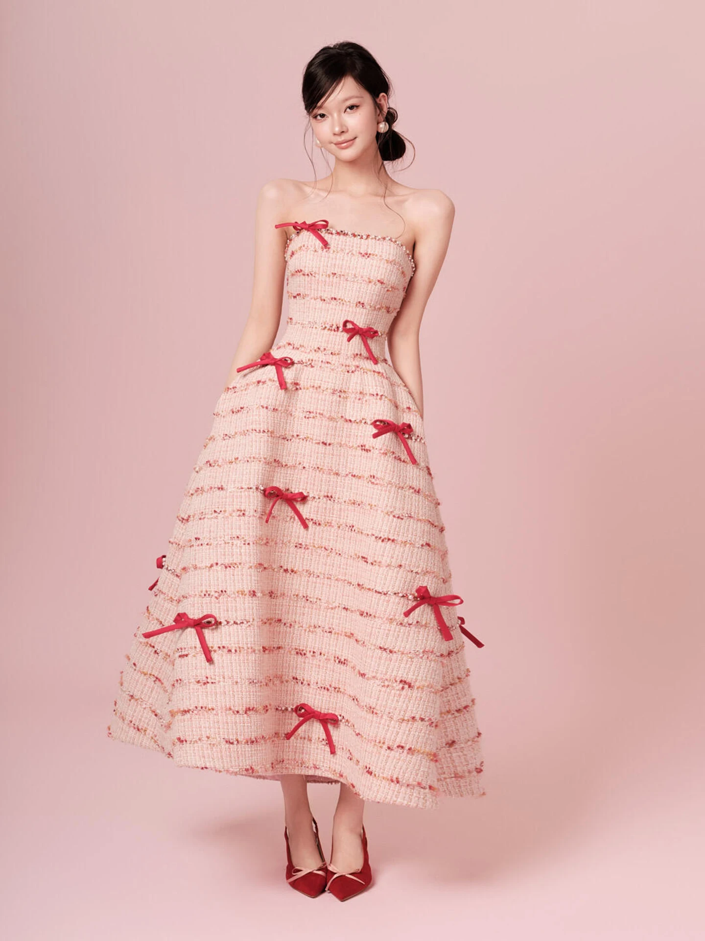 

Pink Knot Engagement Dress Wedding Bride Gown Sweet Style mid Waist A-Line Skirt Long Dress for Wedding Party Perfo...