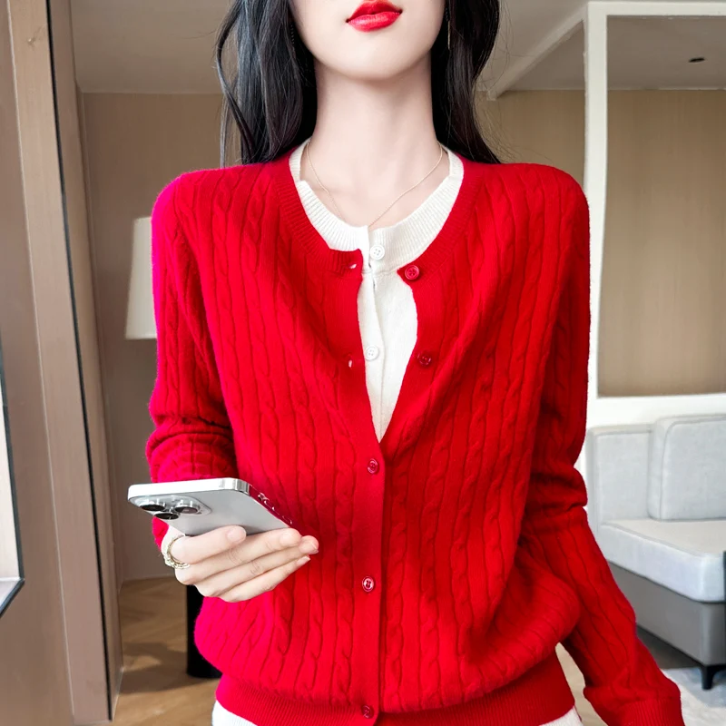 Cardigan con o-collo moda coreana da donna autunno/inverno nuovo 100% lana cashmere lavorato a maglia falso due articoli giacca maglione top larghi e caldi