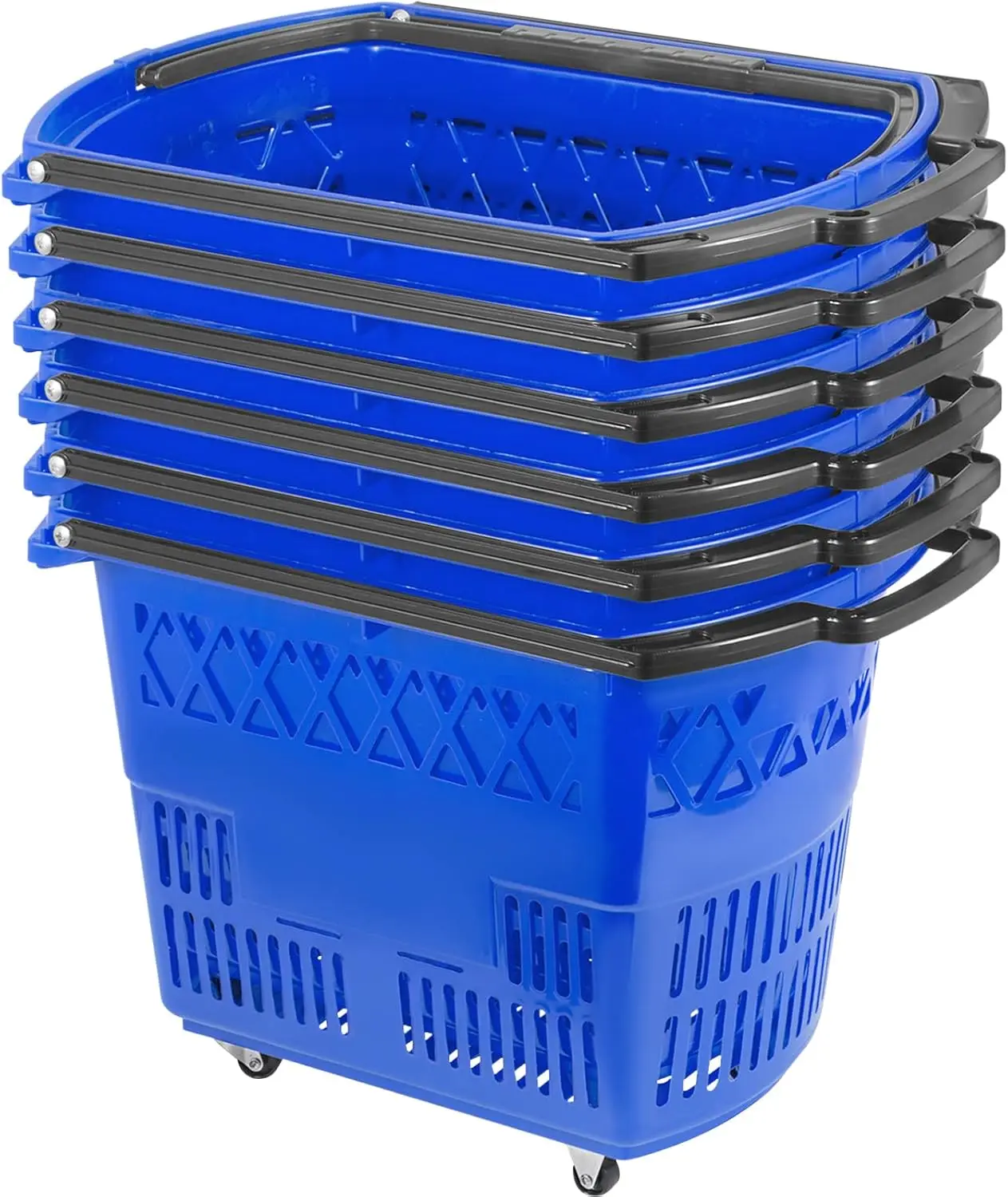 Mophorn 6PCS Shopping Carts, Blue Shopping Baskets with Handles, Plastic Rolling Shopping Basket with Wheels, Portable Basket