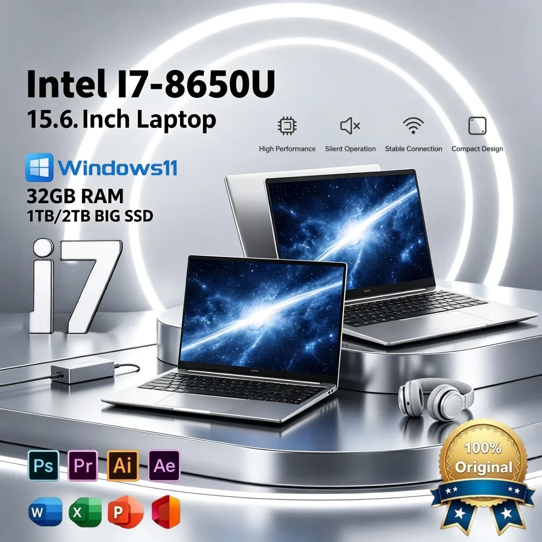 

15.6 Inch Intel I7 8650U Hot Selling Fashion Ultra Slim Notebook Lightweight Portable Win11 32GB RAM Large SSD Powerful Laptop