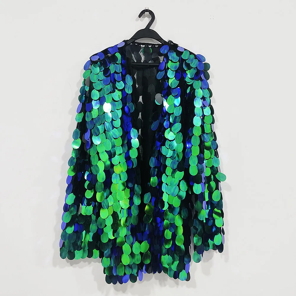 Men's Green Mesh Sequins Cardigan Jacket Stage Coat for Nightclub Bar Dancer Performance Costume Carnival Party Show Rave Outfit