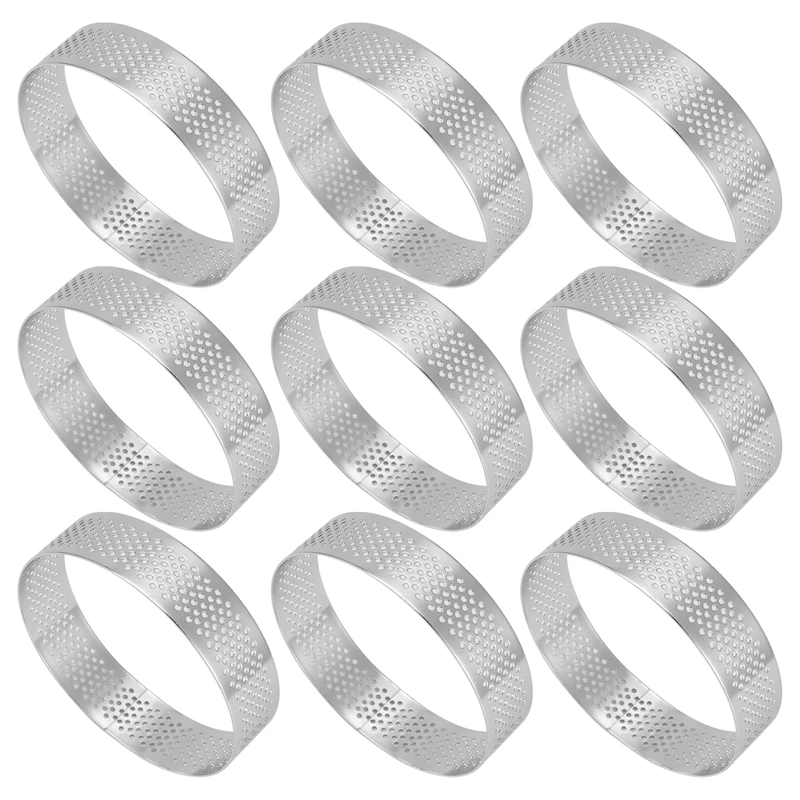 (New)-9 Pack Round Tart Ring, Mousse Rings, Stainless Steel Heat-Resistant Perforated Mousse Rings, Metal Round Ring Mold