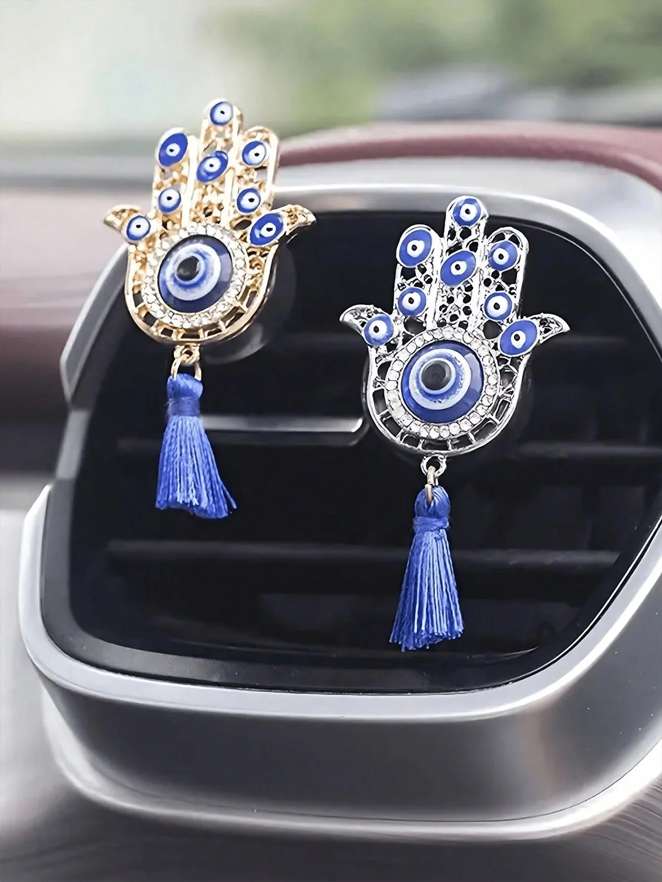 مشبك برائحة اليد همسة بفتحة تهوية السيارة، عين الشر مع شرابة زرقاء، حامل معطر هواء مزخرف، ملحق لوحة القيادة الأنيق، مثالي