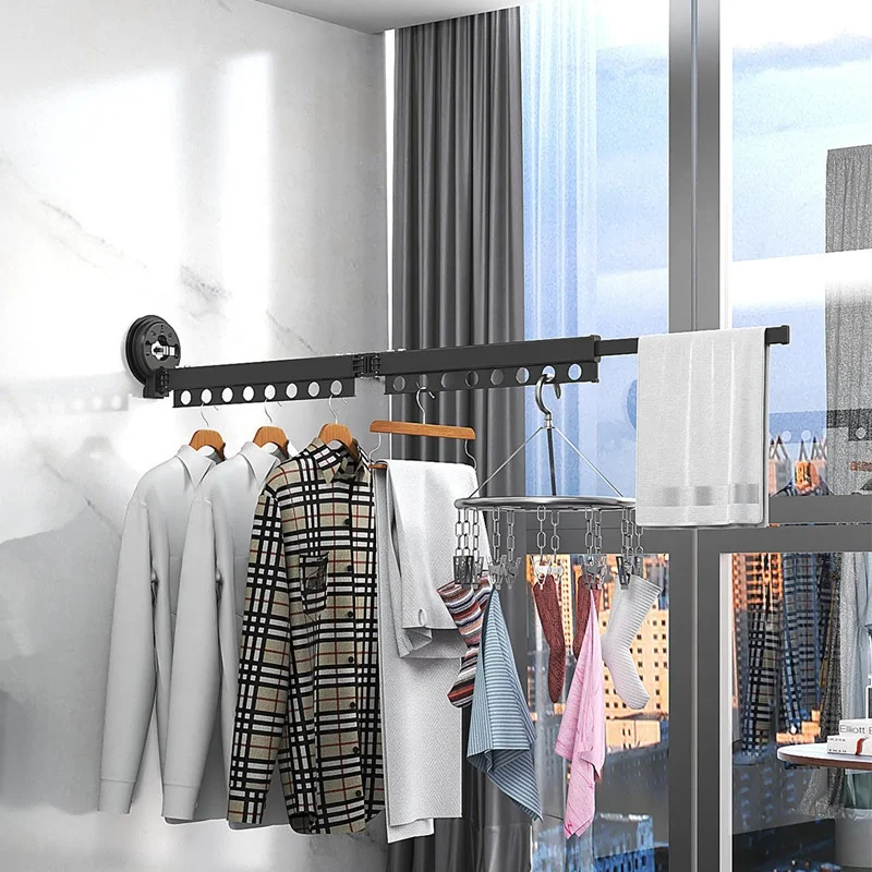 Double-layer indoor expandable wall-mounted cloth drying rack foldable aluminum alloy laundry clothes storage for bathroom