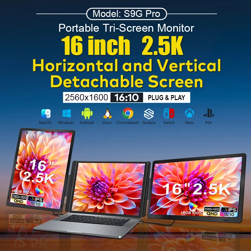 2026 New 2.5k 2560*1600 16 Inch 100% SRGB  Horizontal and Vertical Rotative Detachable Portable Screen  Display Monitor