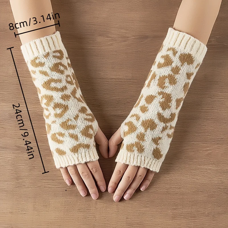 Leopard Print Women's Knitted Gloves Touchscreen-Friendly Cold-Proof Fingerless Gloves Thicked Windproof Driving Gloves