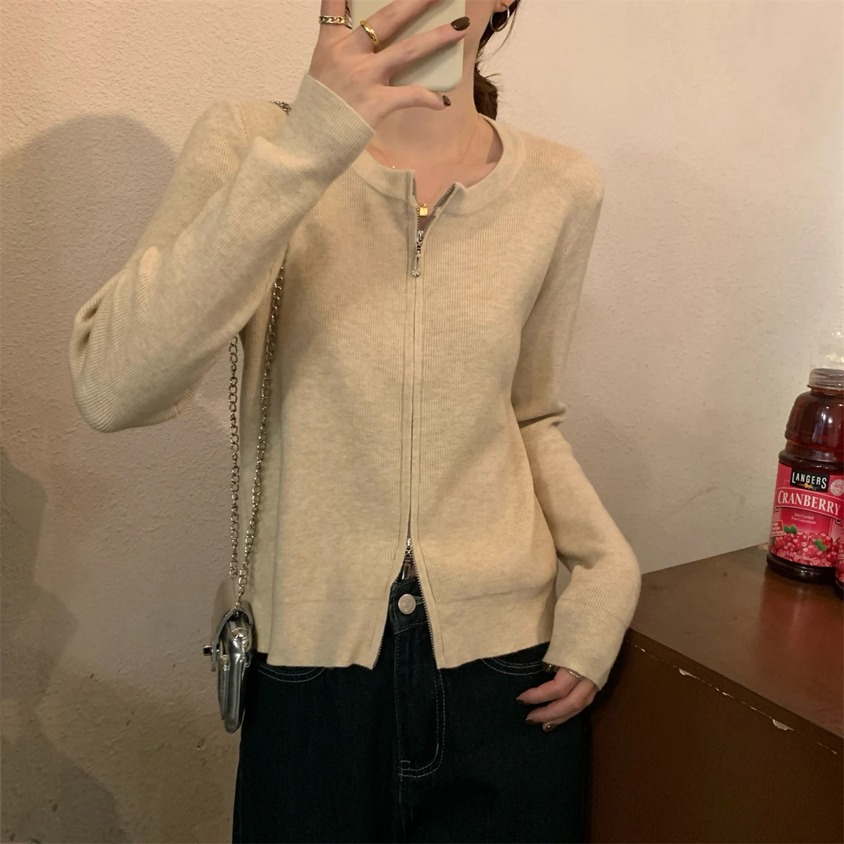 

Korean Sle round Ne Double Zipper Andy Fce Knitted Cardigan Sweater Women's Slim Fit Outerwear Comfortable Long Sve